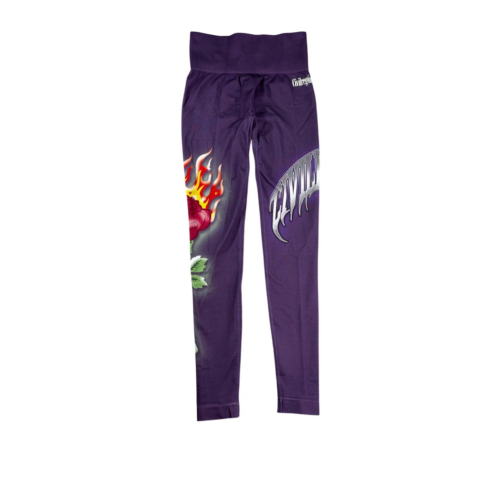 Civil Regime Womens Purple Flaming Rose Chrome Logo Scrunch Seamless Leggings S